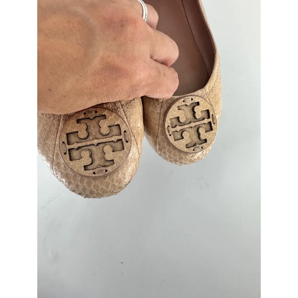 Tory Burch Minnie Travel Ballet Flats Women 6 Beige‎ Snakeskin Embossed Leather